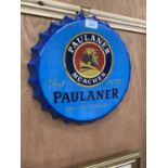 A COLLECTABLE METAL BEER BOTTLE CAP 'PAULANER' SIGN