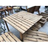 A SQUARE TOPPED WOODEN GARDEN TABLE