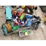 A LARGE MIXED LOT OF GARDEN ITEMS, HOSE REEL AND STAND ETC