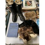 A PAIR OF VINTAGE LEATHER RIDING BOOTS, FUR ITEMS AND RUSSIAN BOOK