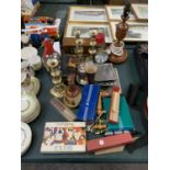A COLLECTION OF VARIOUS ITEMS TO INCLUDE CANDLE STICKS, BELLS WHISKEY BELL, LAMP BASE ETC
