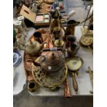 A LARGE COLLECTION OF METAL WARES, COPPER KETTLE, BRASS ETC
