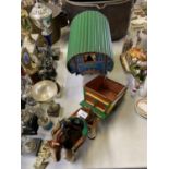 A CERAMIC SHIRE HORSE MODEL WITH ROMANY CARAVAN TRAILER AND CART