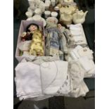 A COLLECTION VINTAGE LINENS TOGETHER WITH THREE VINTAGE COLLECTABLE DOLLS