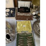 THREE BOXES OF FLATWARE TO INCLUDE A SET OF SCOTTISH SILVER PLATED SPOONS, HORN HANDLED CUTLERY ETC