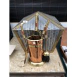 A BRASS AND COPPER COMPANION SET AND A BRASS AND ALLOY COAL BOX