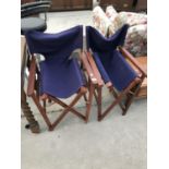 TWO DIRECTORS CHAIRS WITH BLUE CANVAS SEATS AND BACK