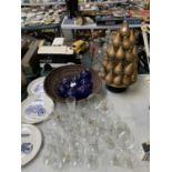 A COLLECTION OF ASSORTED GLASSWARE A WOVEN BOWL WITH GLASS BALLS AND A DECORATIVE PEAR DISPLAY
