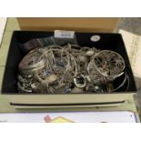 A BOX OF ASSORTED WHITE METAL JEWELLERY