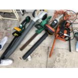 A MIXED LOT OF GARDEN TOOLS - LEAF BLOWER, CHAINSAW, HEDGE TRIMMER ETC