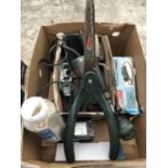 A BOX OF MISC TOOL ITEMS - GARDEN SHEARS