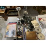 A COLLECTION OF VARIOUS EPNS ITEMS, VINTAGE BOOKS, WOODEN BOX ETC
