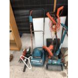 FOUR ITEMS - A STRIMMER, SCARIFIER, MOWER AND HEDGE TRIMMER - W/O