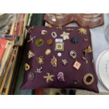 A COLLECTION OF ASSORTED BROOCHES ON A CUSHION