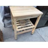 A BEECH MODERN BUTCHERS BLOCK WITH TWO LOWER SHELVES AND CHROME ACCESSORIES