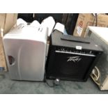 A PEAVY GUITAR AMP AND MINI FRIDGE IN WORKING ORDER