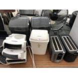 THREE BINS TOGETHER WITH THREE HEATERS AND TWO TOASTERS IN WORKING ORDER