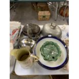 A COLLECTION OF METAL WARE, CERAMIC BOWLS AND JUG