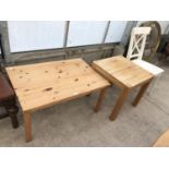 TWO SIDE TABLES - ONE PINE, ONE OAK AND A WHITE DINING CHAIR