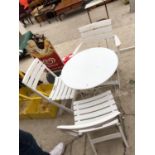 A WHITE GARDEN TABLE AND THREE CHAIRS