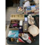 A WOODEN BOX WITH ORIENTAL DESIGN TOGETHER WITH OTHER ASSORTED ITEMS