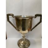 A LARGE TWIN HANDLED HALLMARKED SOLID SILVER TROPHY, BIRMINGHAM DATED 1937, MARKED ONE MILE FLAT