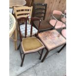 THREE VARIOUS CHAIRS AND A TILE TOP COFFEE TABLE