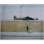 A PENCIL SIGNED LIMITED EDITION L.S. LOWRY COLOUR PRINT - 'MAN ON THE WALL' NUMBERED 272/500, SIGNED