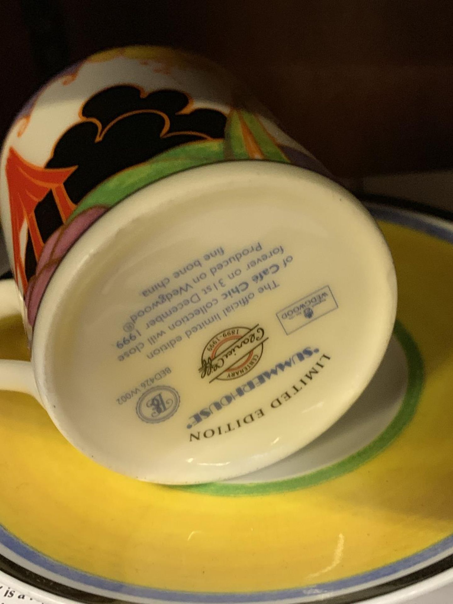 A LIMITED EDITION 'SUMMERHOUSE' CLARICE CLIFF CUP AND SAUCER WITH CERTIFICATE AND BOX - Image 2 of 2