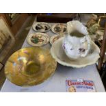 THREE ITEMS - GLASS BOWL AND CERAMIC WASH JUG AND BOWL