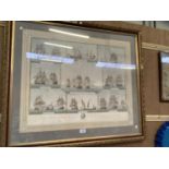 A LARGE GILT FRAMED ENGRAVING OF BATTLE SHIPS