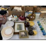 A COLLECTION OF ASSORTED CERAMICS TO INCLUDE PLATES, DENBY JUG ETC TOGETHER WITH THREE FRAMED PRINTS