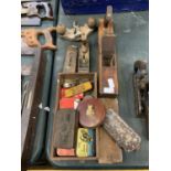 A COLLECTION OF VINTAGE TOOLS, TAPE MEASURES, TINS ETC