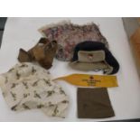 A RUSSIAN HAT WITH ENAMEL BADGE , CIVIL DEFENCE CORPS ARM BAND AND MILITARY HEADSCARF ETC