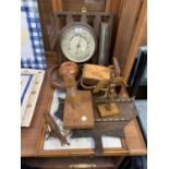 A COLLECTION OF ASSORTED ITEMS TO INCLUDE WOODEN POTS, TEMPERATURE GAUGE ETC