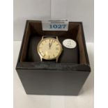 A 9CT GOLD OMEGA GENEVE AUTOMATIC WRIST WATCH, BOXED