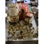 A LARGE GROUP OF METAL WARES - BRASS HORSE PLAQUES, COPPER JUG ETC