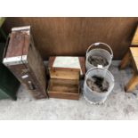 FIVE ITEMS - WOODEN CASES AND TWO BASKETS