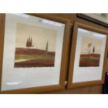 A PAIR OF PINE FRAMED MODERN ABSTRACT PRINTS, PENCIL SIGNED