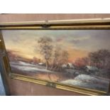 A LARGE GILT FRAMED OIL PAINTING OF A WINTER LANDSCAPE, SIGNED LENOBLE