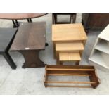 THREE OAK ITEMS TO INCLUDE A COFFEE TABLE, A NEST OF THREE LIGHT OAK TABLES AND A SHOE RACK