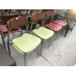 EIGHT RETRO DINING CHAIRS ON CHROME SUPPORTS WITH LEATHERETTE SEATS AND WOODEN BACKS