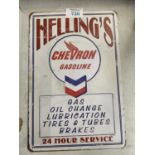 A VINTAGE STYLE 'HELLINGS CHEVRON GASOLINE' METAL SIGN