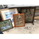 FOUR FRAMED ITEMS - SAMPLER, FIRE SCREEN ETC