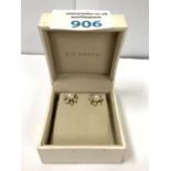 A BOXED PAIR OF LADIES 9CT YELLOW GOLD, DIAMOND AND PEARL CLUSTER EARRINGS