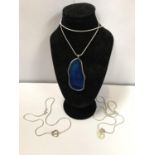 THREE NECKLACES TO INCLUDE ONE WITH HEART PENDANT, ONE WITH ARTISTS PENDANT AND ONE LARGE BLUE