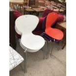 SIX WOODEN MODERN COLOURED CHAIRS ON CHROME SUPPORTS