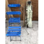 TWO BLUE FOLDING CHAIRS AND A STRETCHER (3)