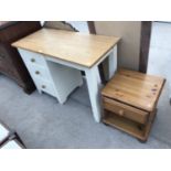 A BEECH AND PAINTED MODERN DESK WITH THREE DRAWERS AND A PINE CABINET WITH DRAWER AND LOWER SHELF