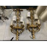 TWO GILT WALL LIGHT FITTINGS TOGETHER WITH FOUR HALF SHADES